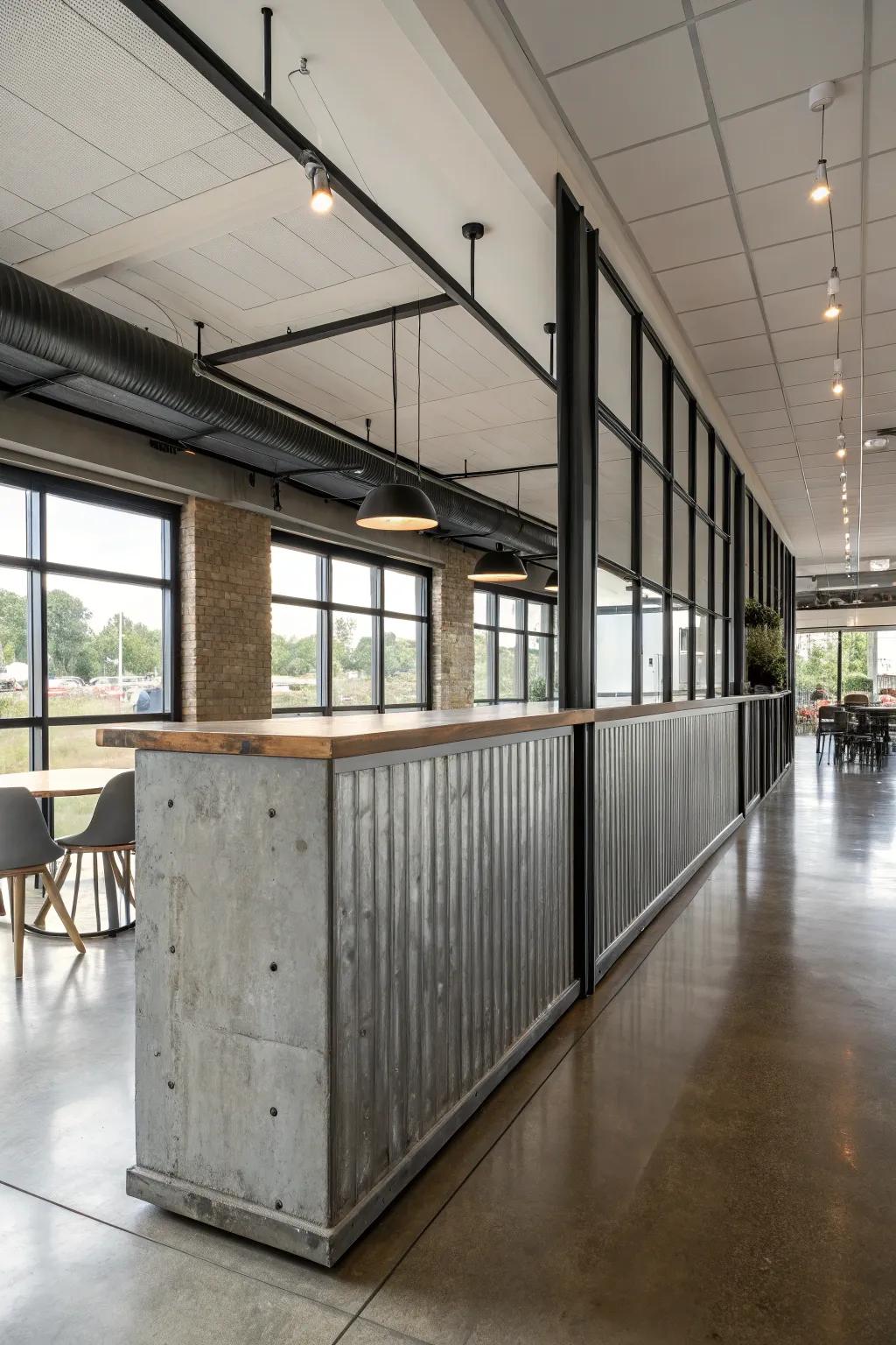 A half wall styled with manufacturing charm infuses edgy sophistication.