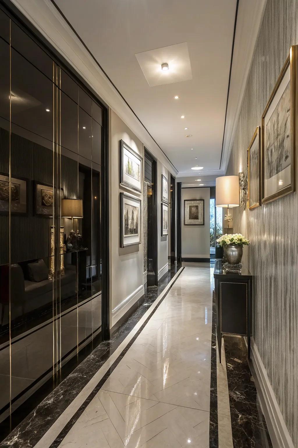 High-shine finishes add a hint of glamour to the hallway.