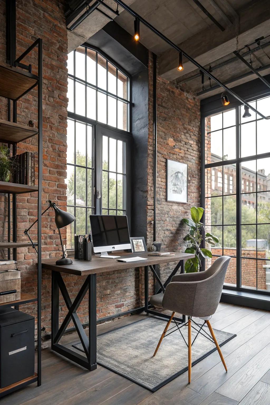 Industrial elements contributing an edge to the home office.