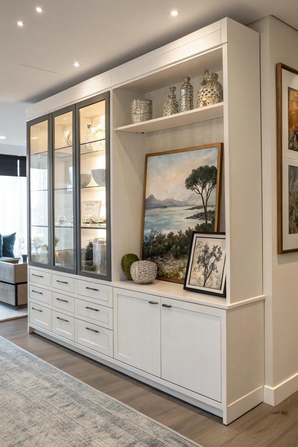 Artworks add sophistication and a central point to the display cabinet.