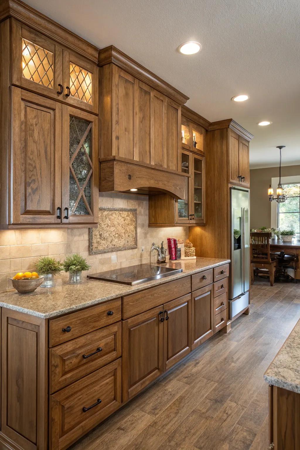 Mixing appearances adds depth and interest to modern kitchens featuring oak cabinets.
