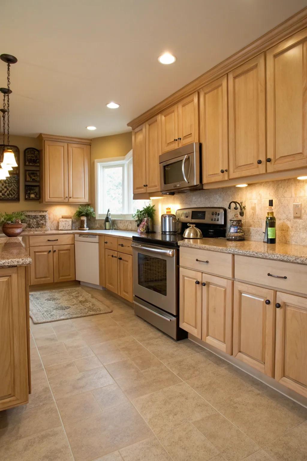 Understated flooring complements the warm undertones of pale walnut cabinets.