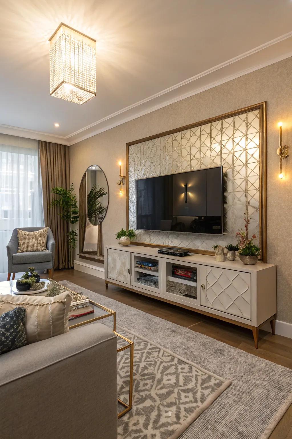 Mirror magic concealing the TV for a sleek and elegant media wall.