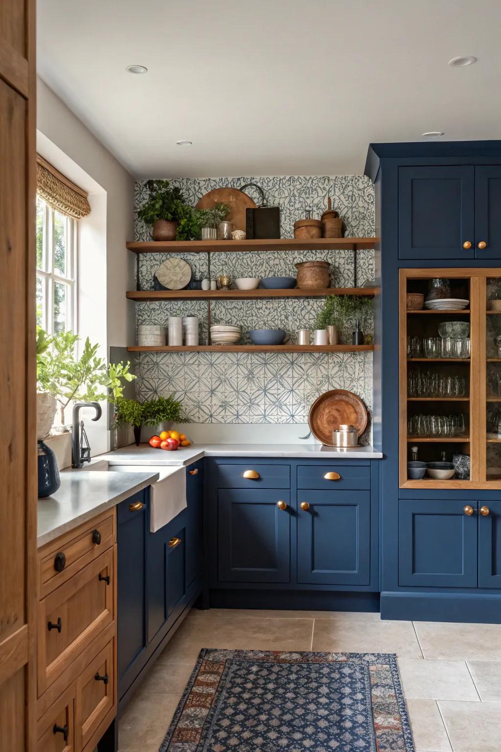 A deep sea-inspired feature wall introduces depth and a focal point to kitchen designs.