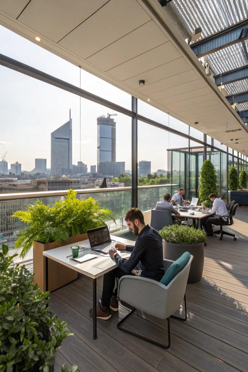An office featuring an outdoor patio workspace.