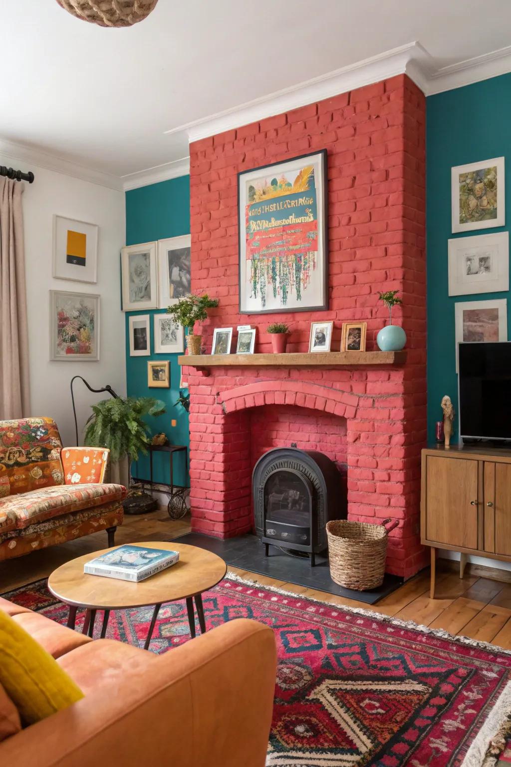 Bold colors on a painted brick fireplace energizing the space.