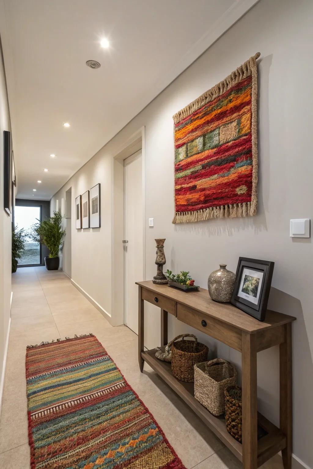 Rugs as wall art enhance texture and visual appeal.