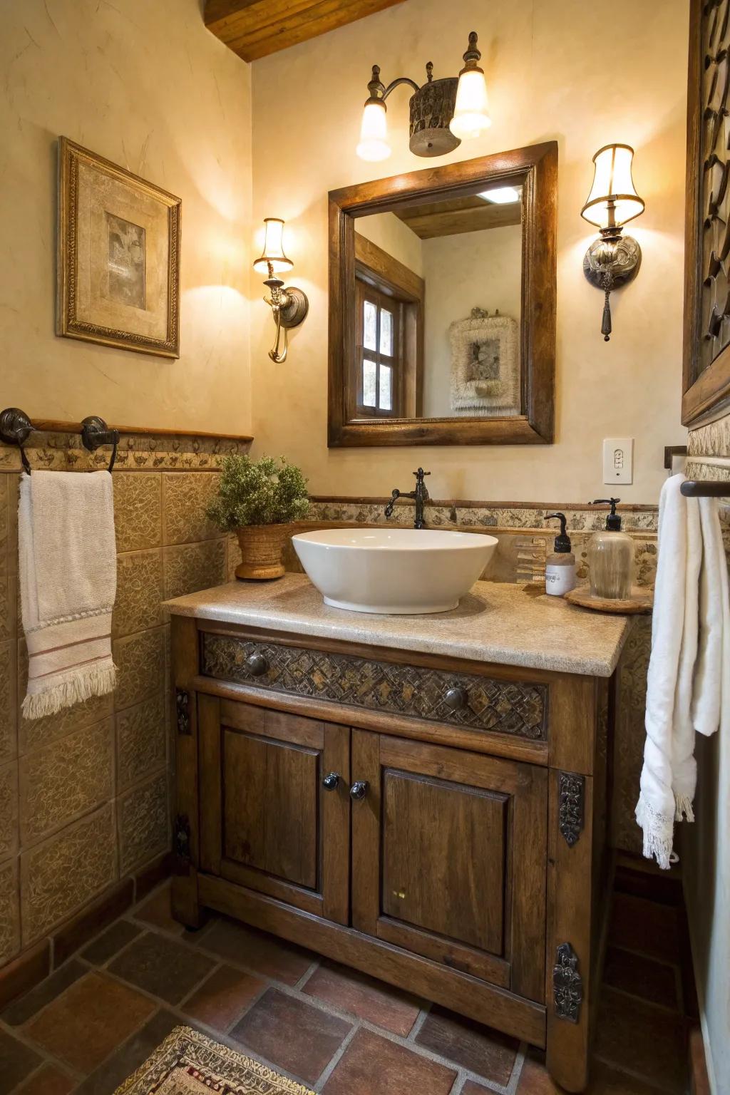 Vintage fixtures contributing timeless elegance to a modern rustic bathroom.