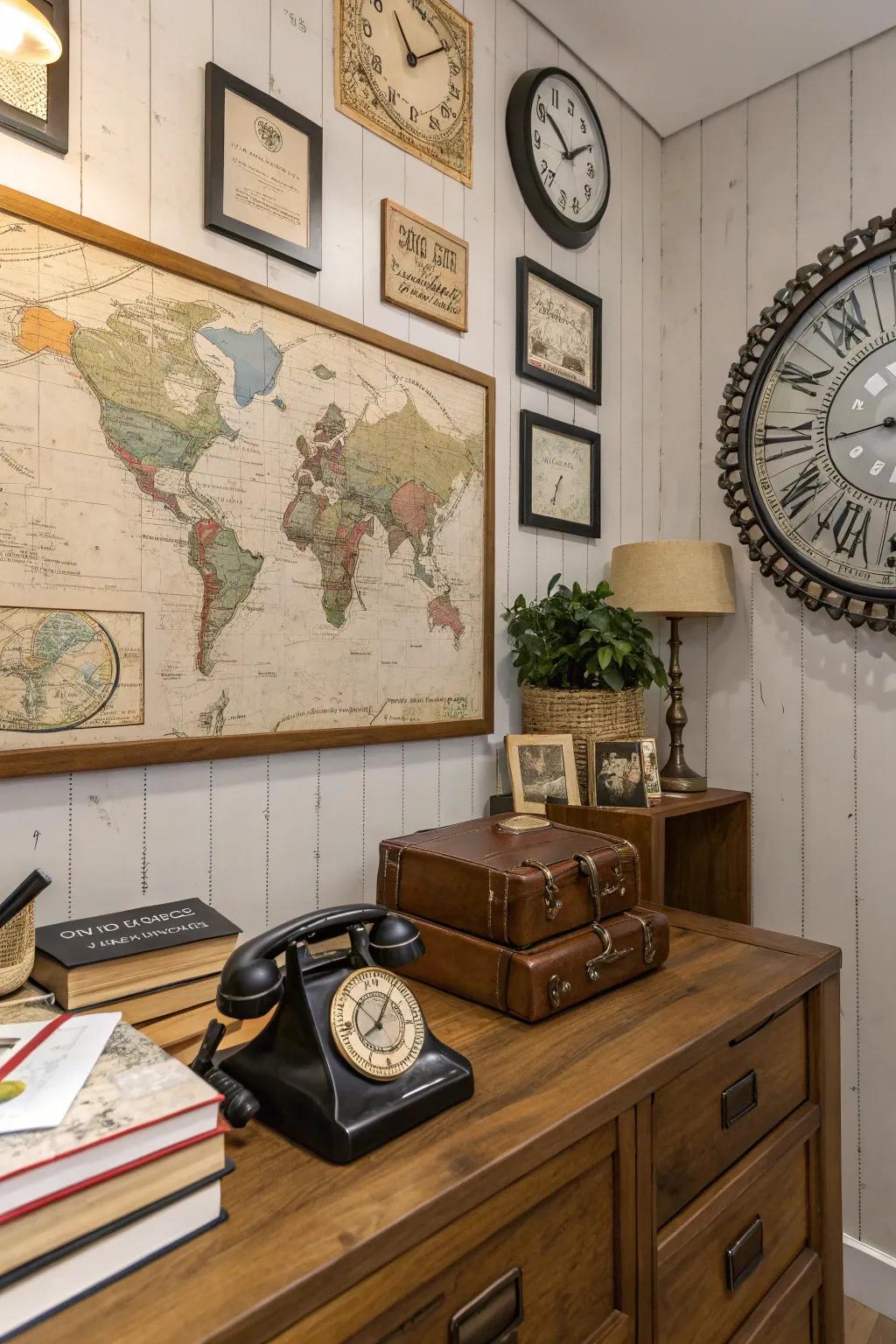 Classic accessories enhance the nostalgic charm of a rustic office.