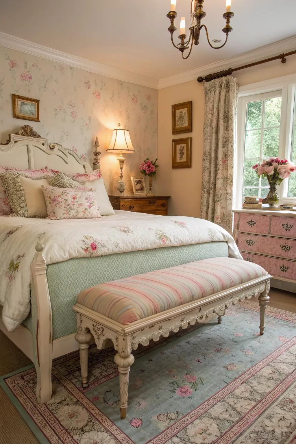 A vintage bench adds style and functionality to this shabby chic bedroom.