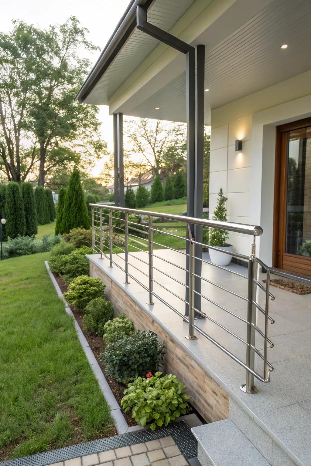 A compact front porch with refined railings for a contemporary and safe design.