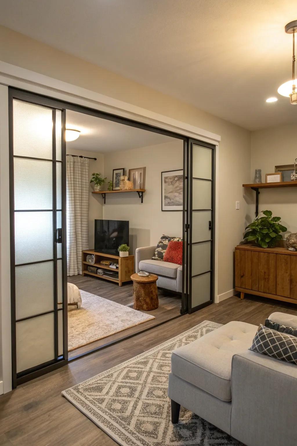 A small living room featuring modern pocket doors for saving space.
