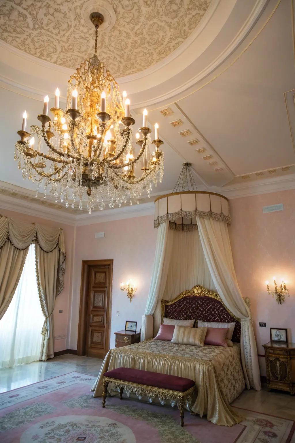 A striking ceiling lamp introduces luxury and elegance to a modern Spanish bedroom.