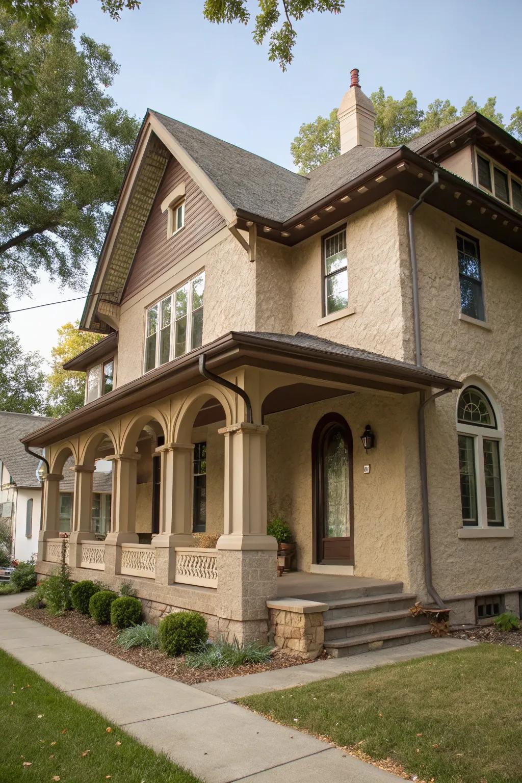 Ageless taupe stucco home with classic charm.