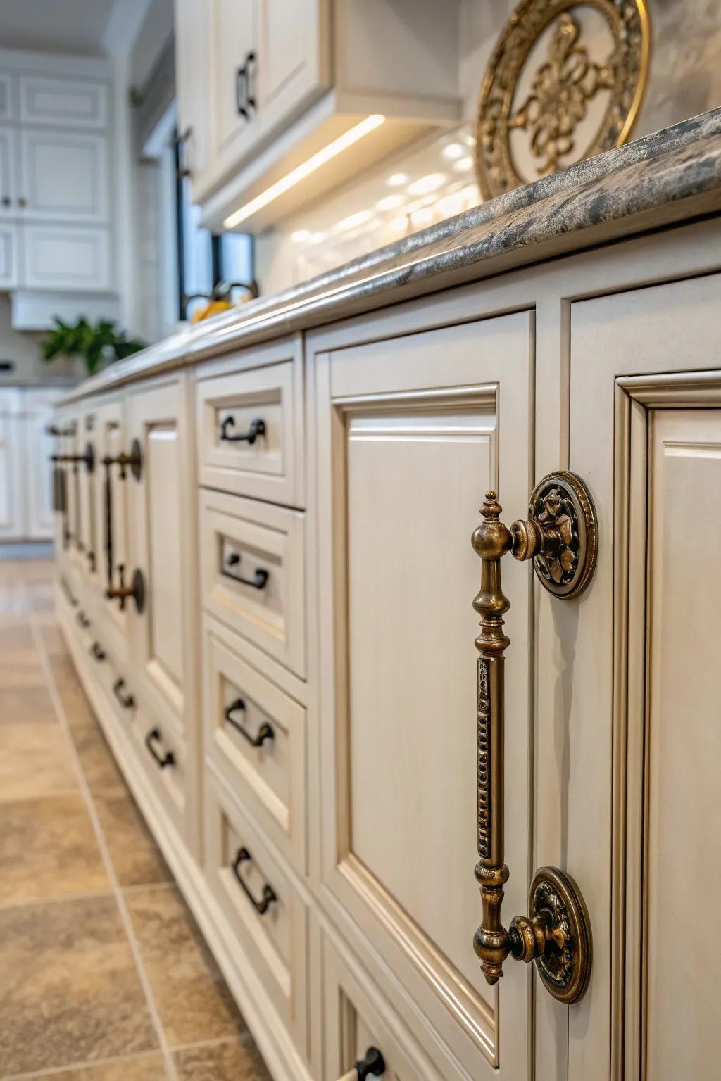 Vintage hardware turns cabinets into works of art.