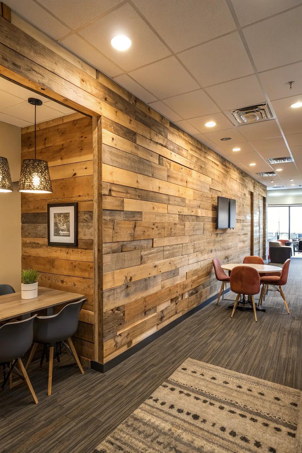 Reclaimed wood panels adding warmth to a modern workspace.
