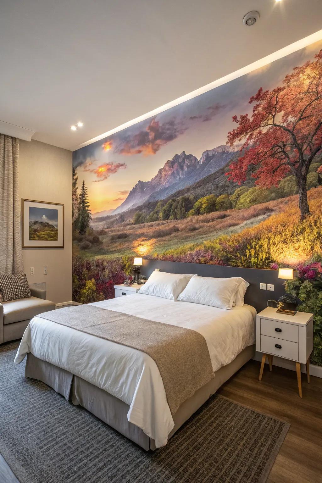 A bedroom featuring a feature wall showcasing a wallcovering.