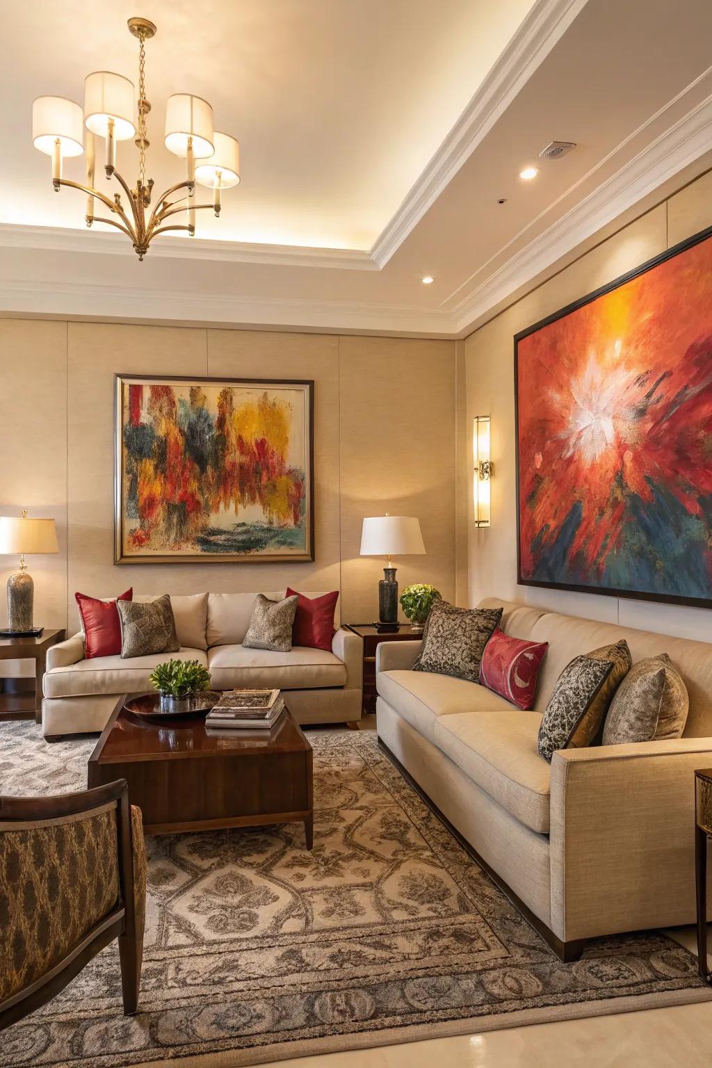 A bold artwork creating a main feature in an atmospheric living space.