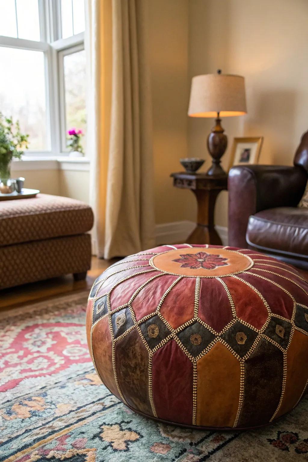 A stylish Moroccan leather cushion enhancing any room's decor.