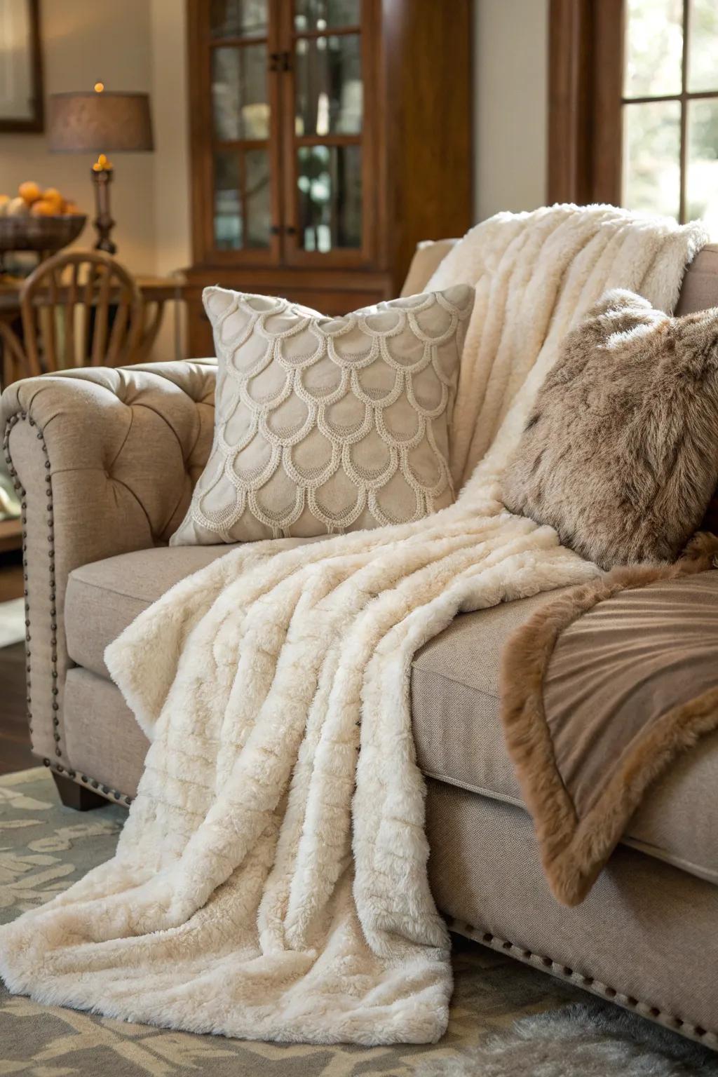 A lavish touch using plush fur accents within a comfortable space.