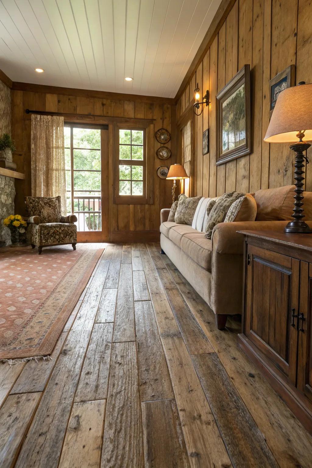 Weathered wood adds rustic charm and character.