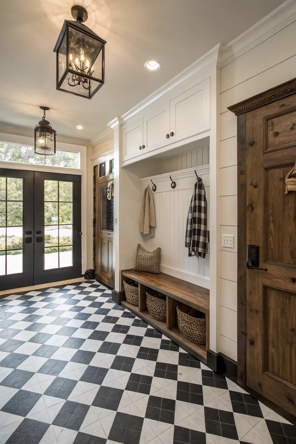 Checkerboard patterns bring a timeless, playful elegance to mudrooms.
