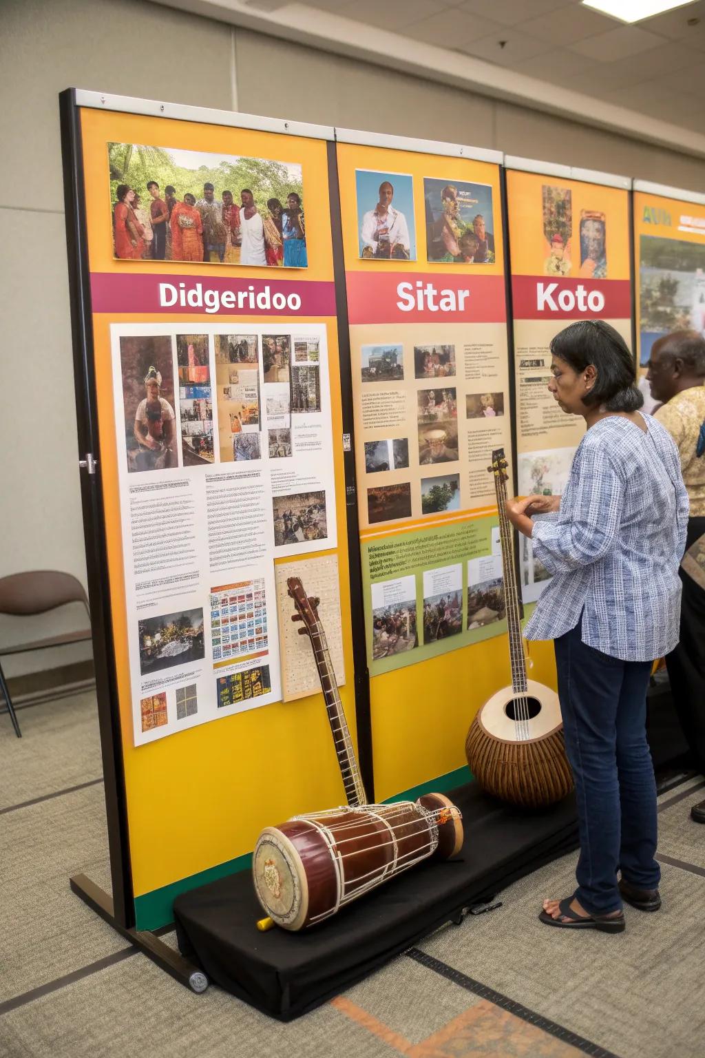 A global music journey display board with instruments from around the world.