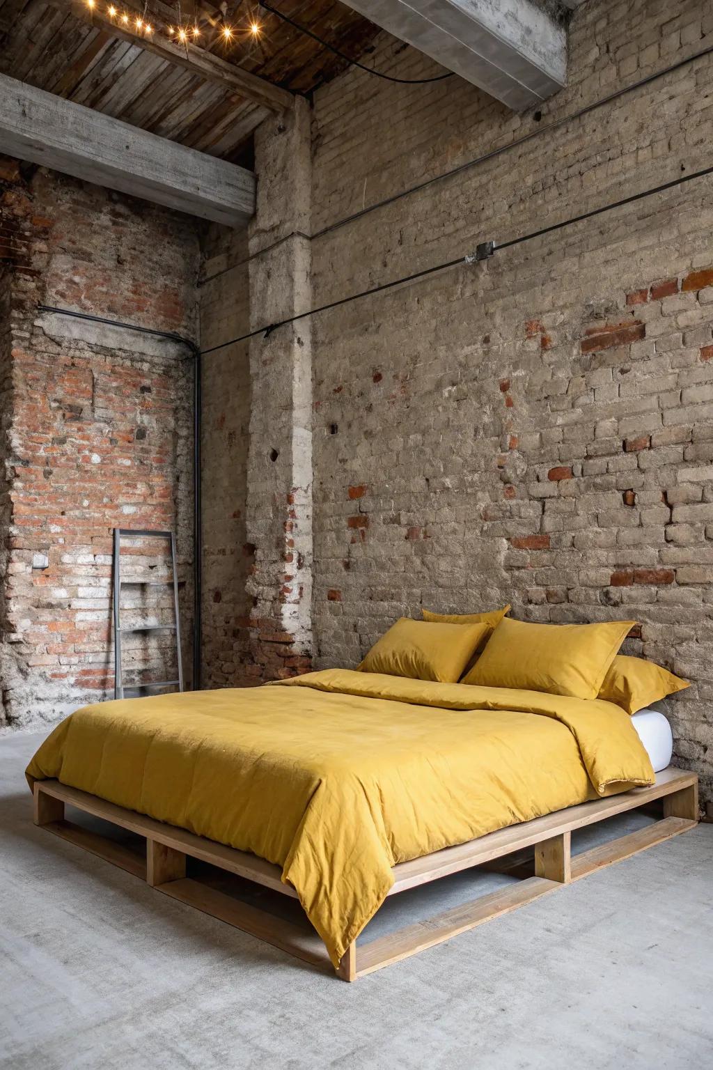 An urban industrial bedroom featuring goldenrod bedding and raw textures.