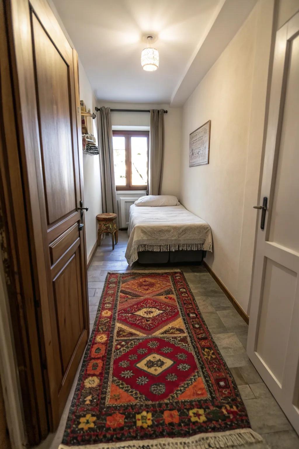A striking carpet anchoring and contributing to character in a slender bedroom.