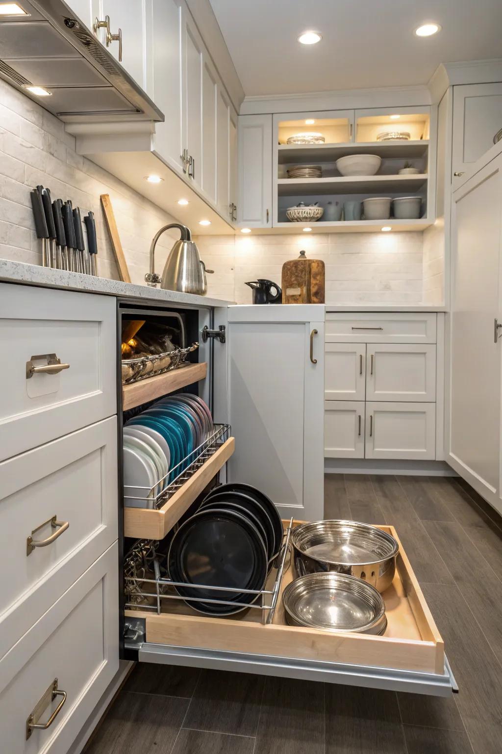 Under-cabinet storage featuring sliding trays in a narrow kitchen.