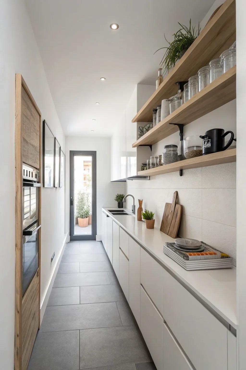 Open shelves add modern flair and openness.