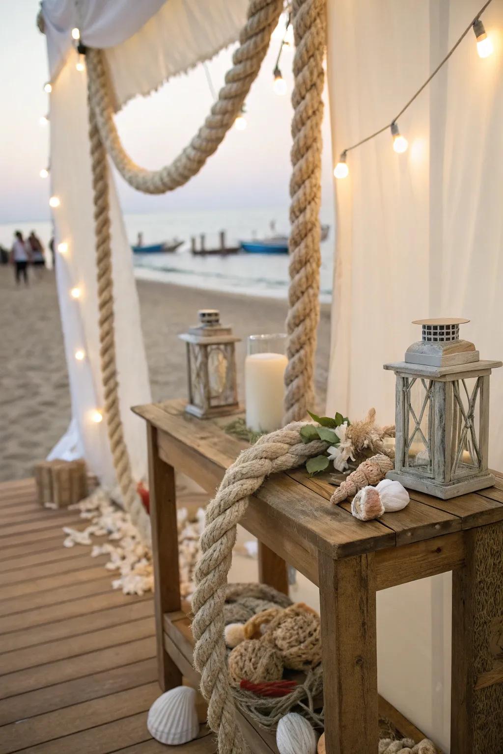 A cord and seashell backdrop adds visual interest.
