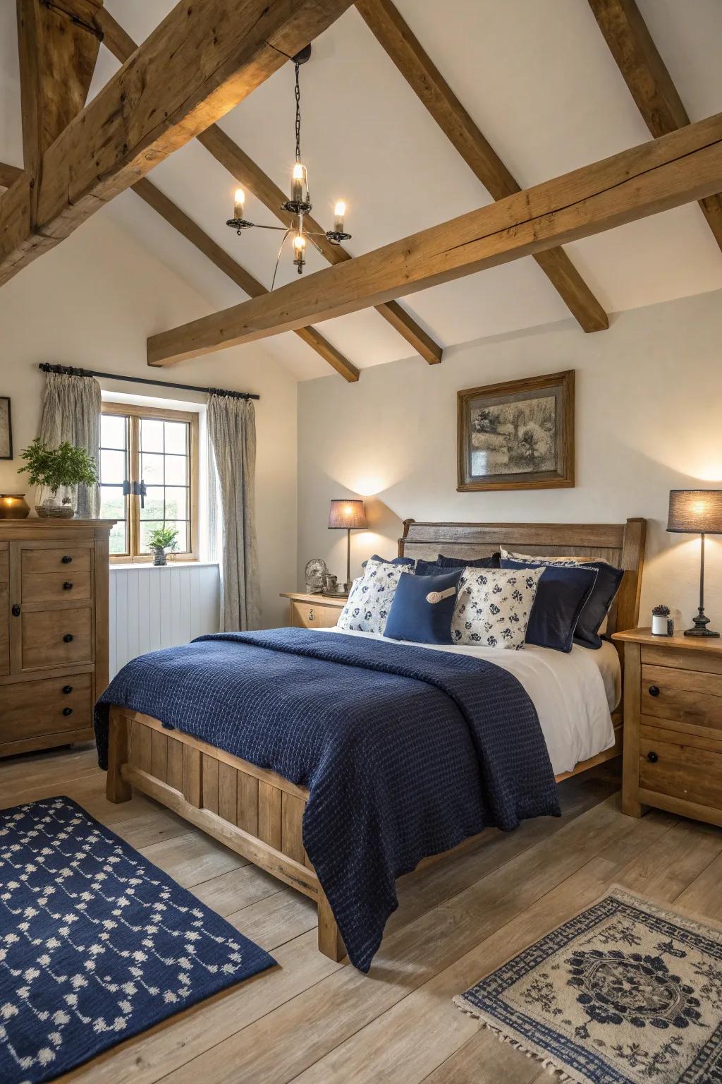 Combine dark blue with country appeal for a cozy farmhouse sensation.