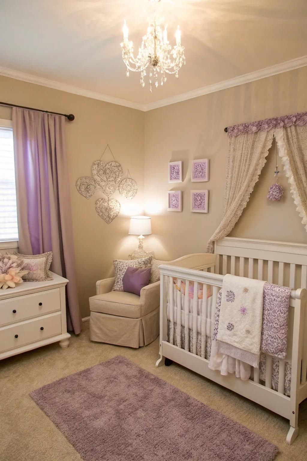 A nursery accented with elegant lilac hints.