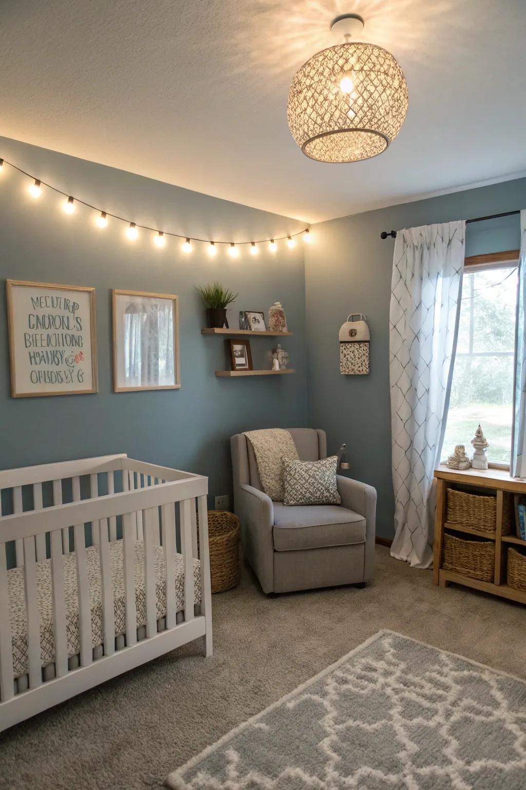 A refreshing nursery with greyish-blue tones.