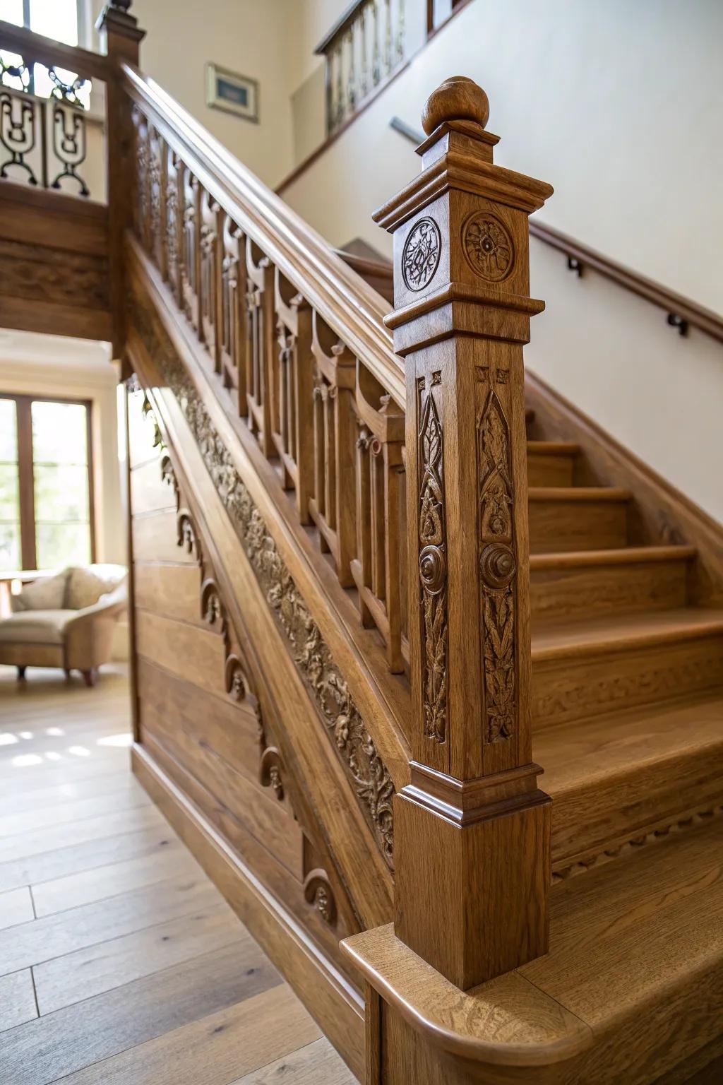 A custom handrail adding elegance and safety to an oak staircase.