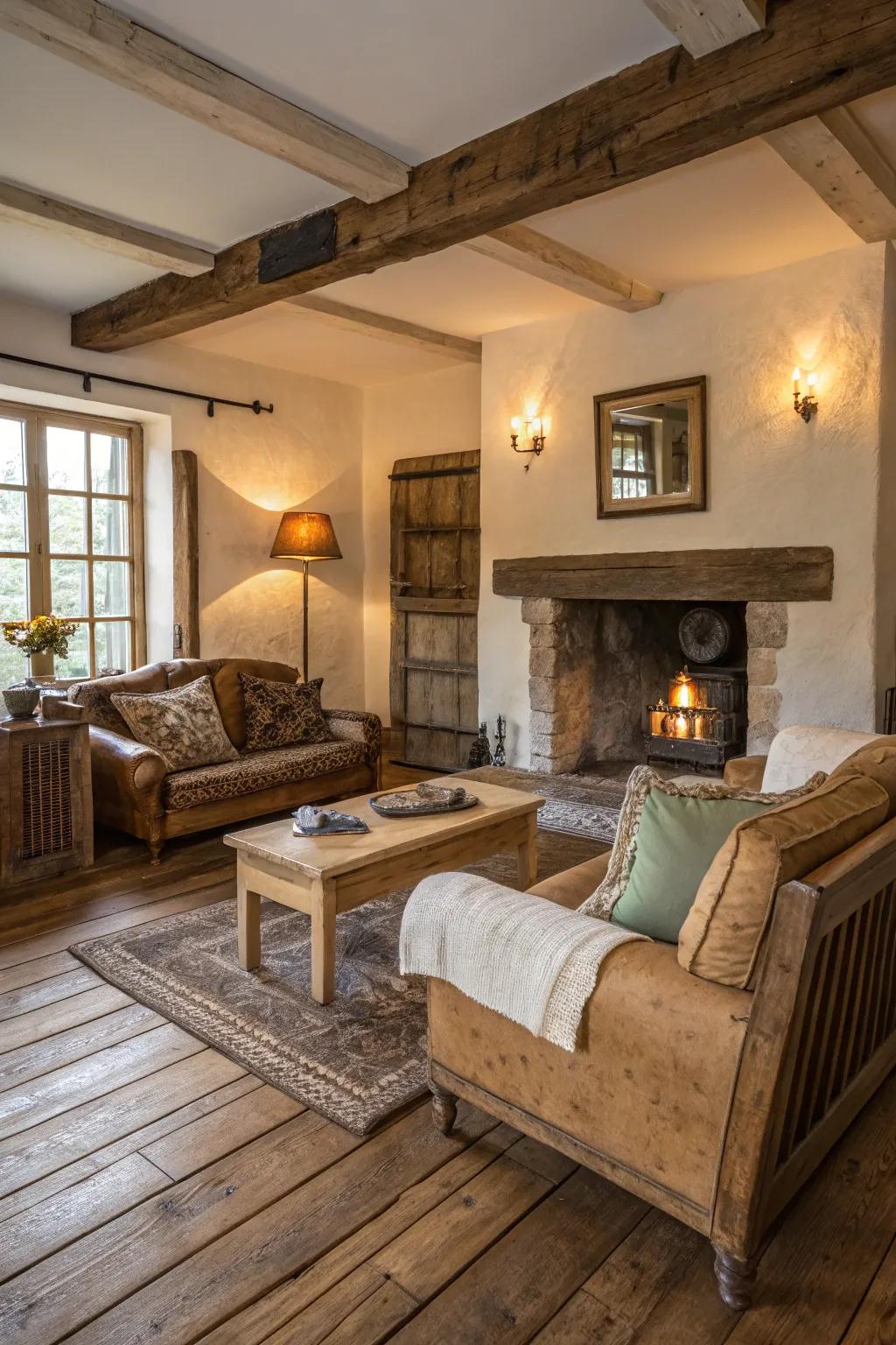 Rustic elements add charm and warmth to light oak flooring.