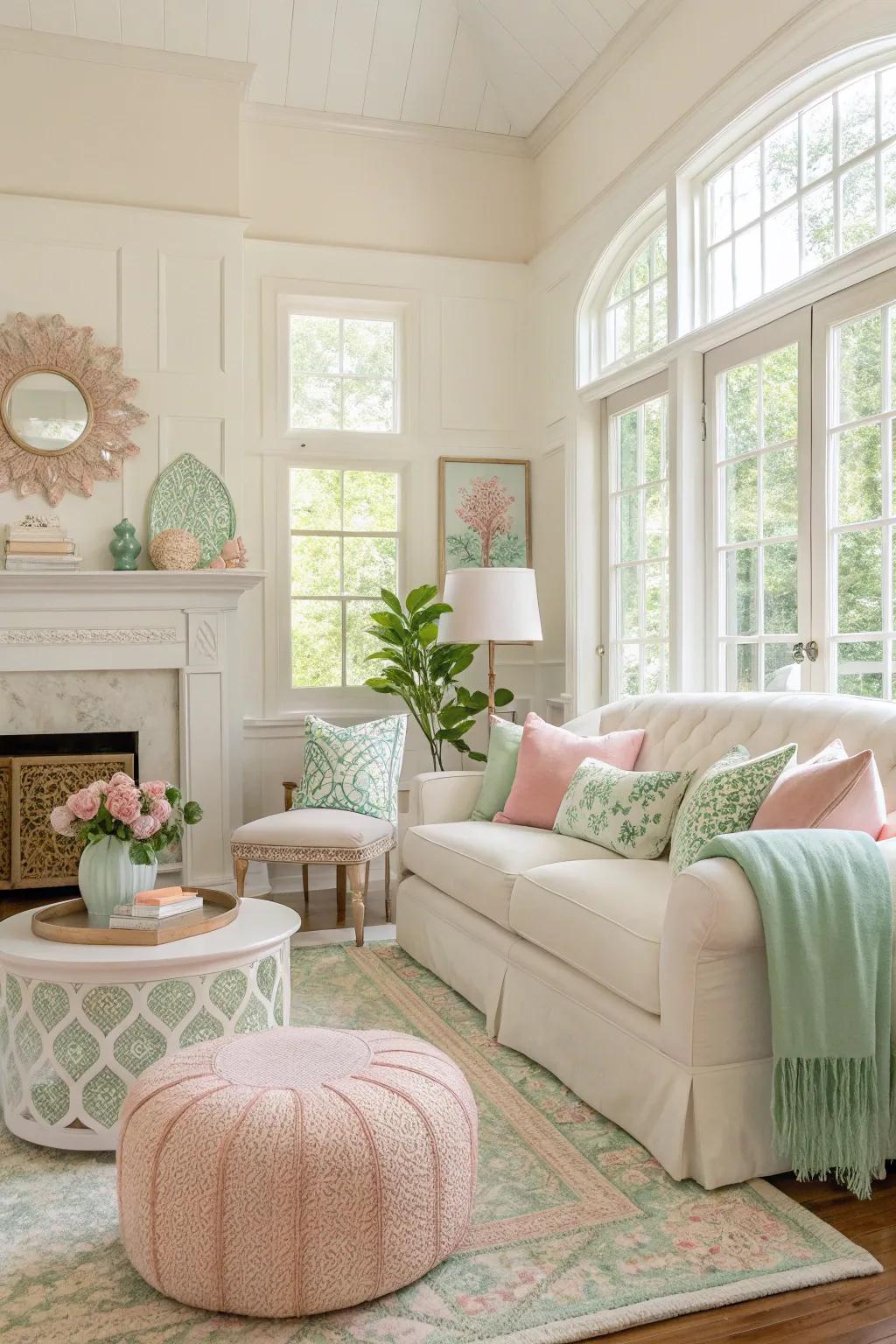 Pastel highlights bring a serene touch to an off-white living room.