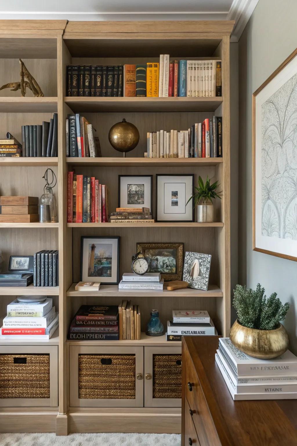 Bookshelf as a creative display of personal style.