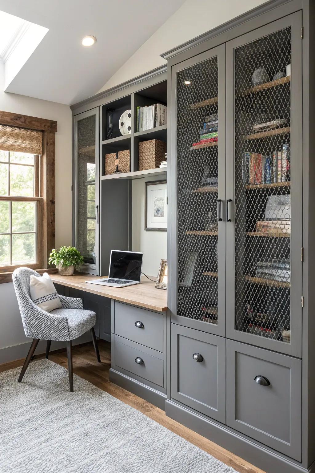 Woven metal inserts add a unique twist to cabinets.