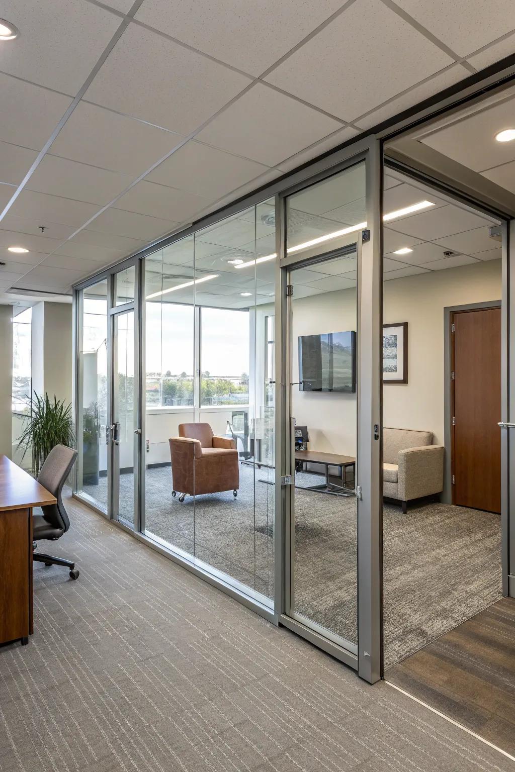 Glass enclosed passages provide streamlined and seamless transitions in offices.