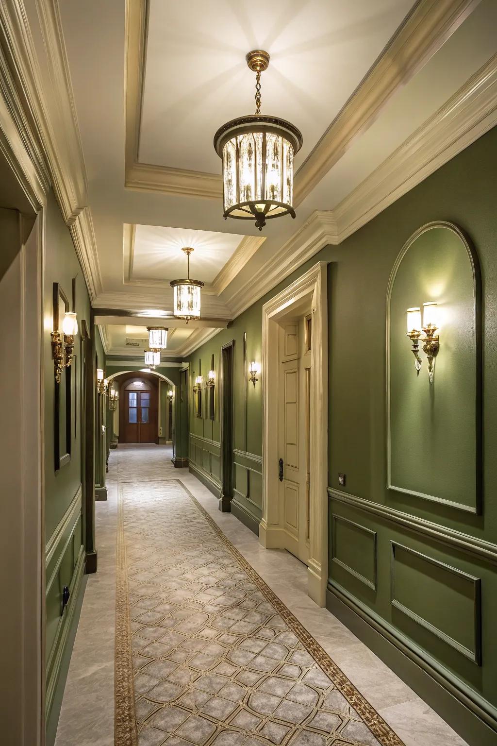An elegant hallway enhanced by forest green walls.