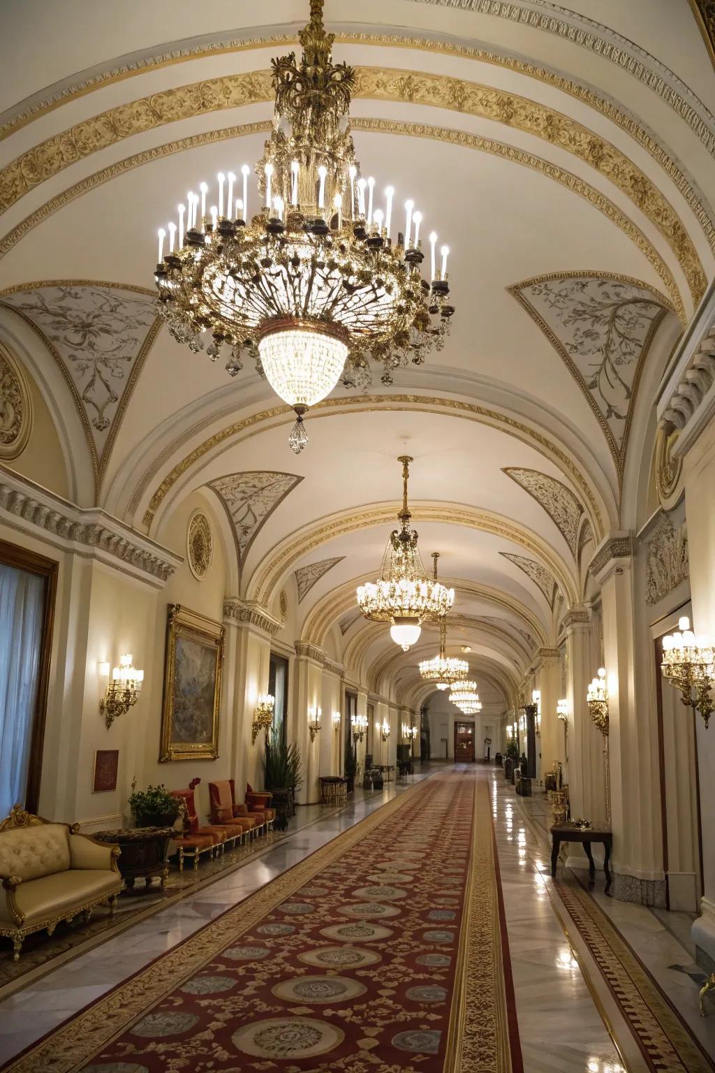A lavish hallway featuring an arched ceiling that adds a dramatic touch.