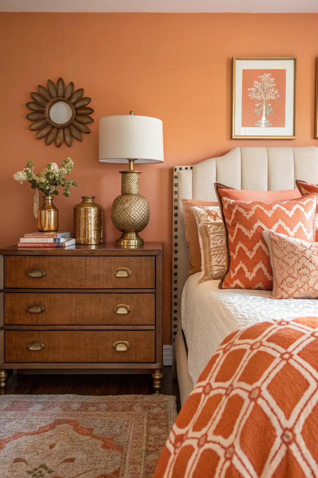 Orange and brass create a retro and stylish atmosphere.