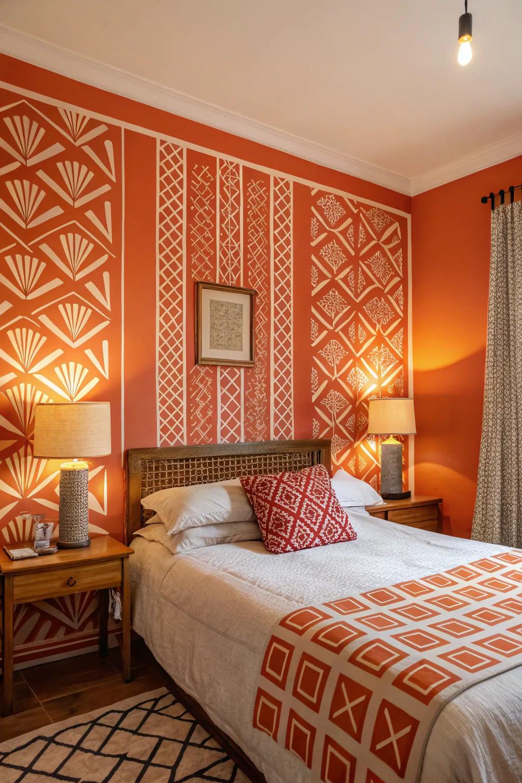 Shaped designs add a modern twist to orange walls.