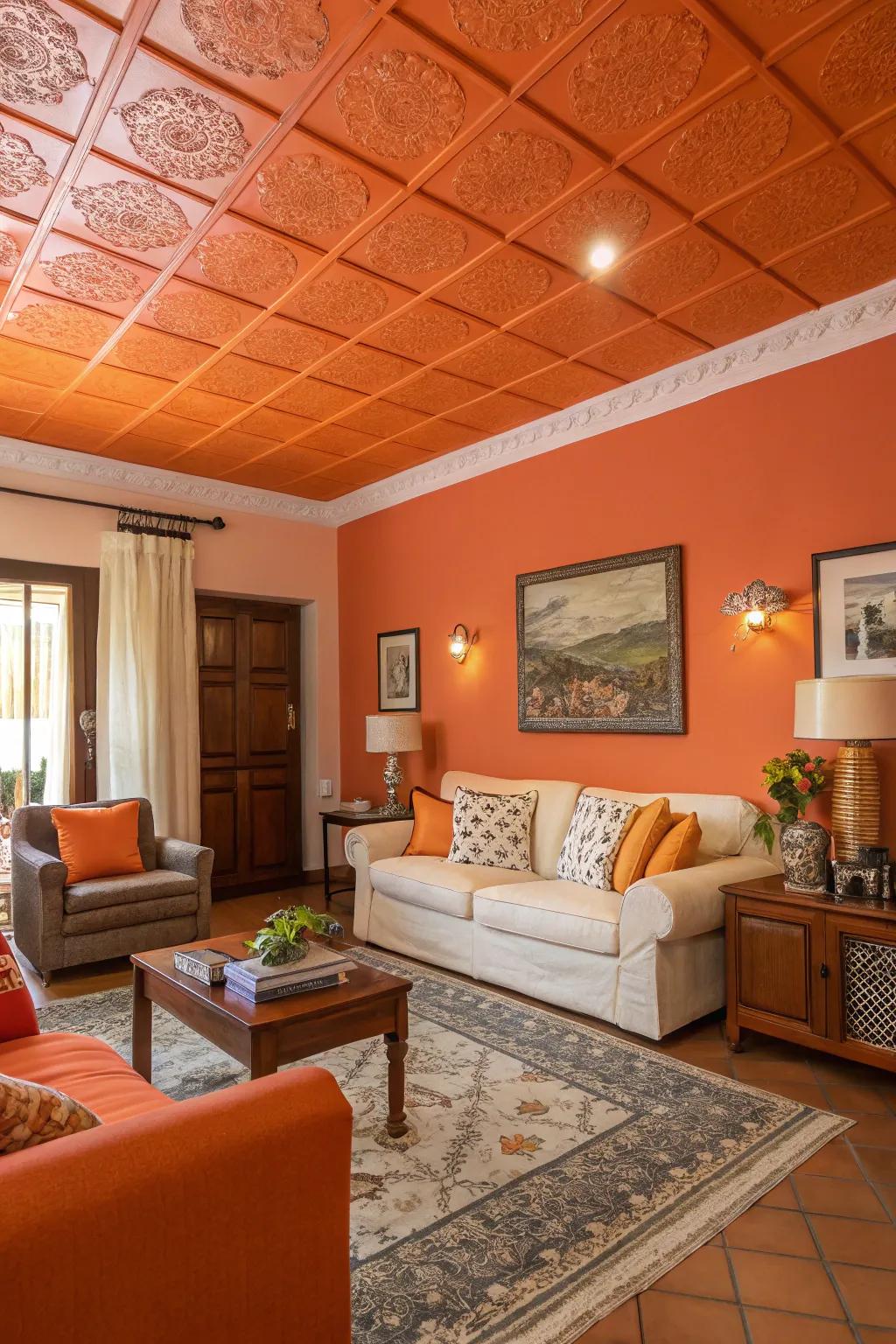 An orange ceiling contributes an unexpected and stylish twist to this family room.