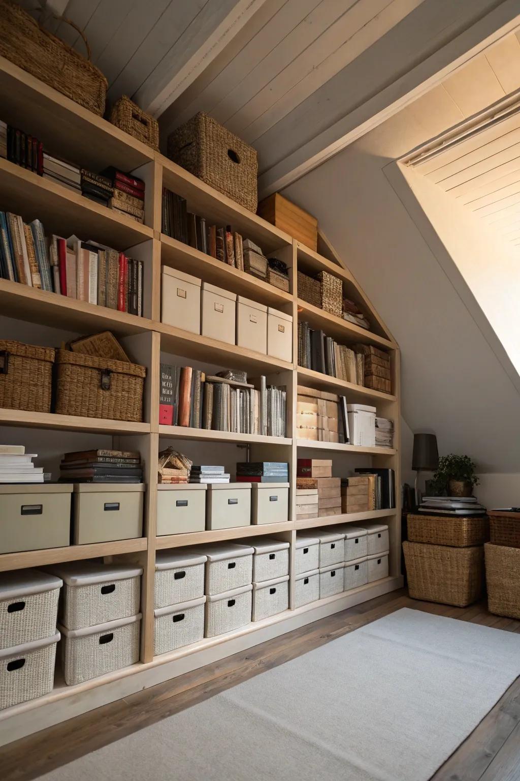 Overhead shelving keeps infrequently used items neatly stored.