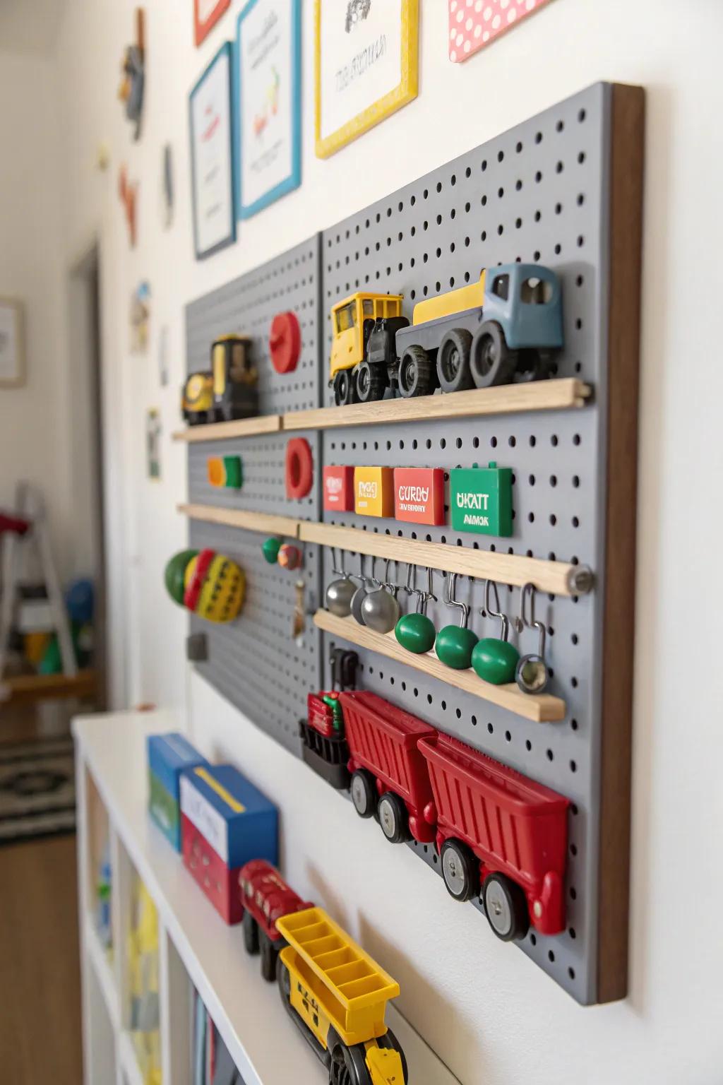 Toys are turned into decor with magnetic strips.