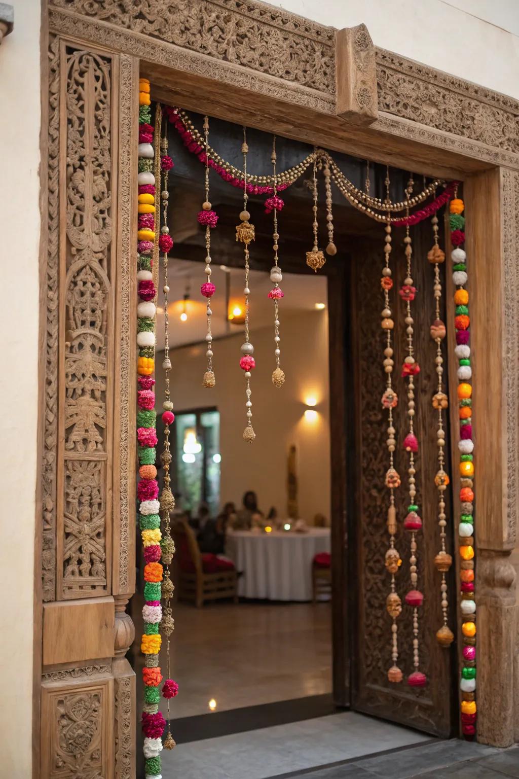 A festive decoration drape hanging in a doorway.