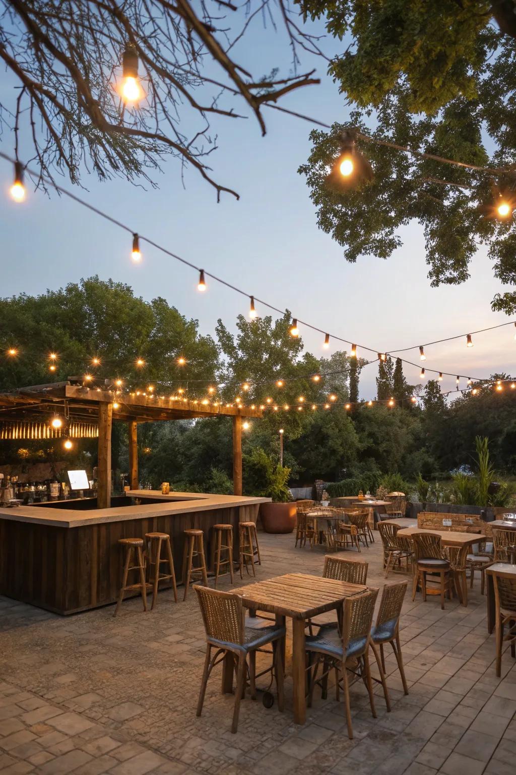 Fairy lights add a whimsical touch to the bar.